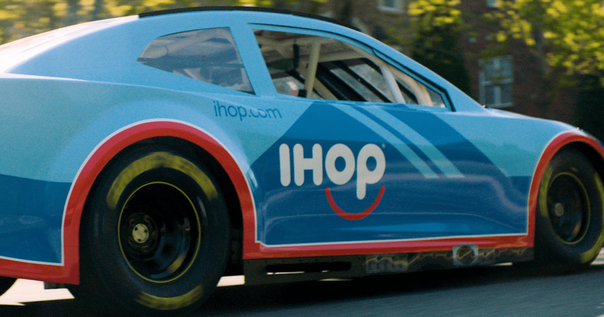 An IHOP race car in a commercial